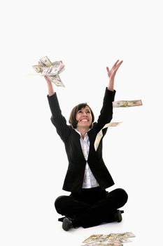 happy young business woman isolated on white playing with dollars money and representing success in finance