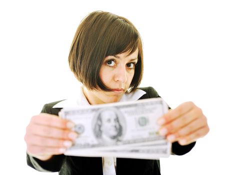 happy young business woman isolated on white playing with dollars money and representing success in finance