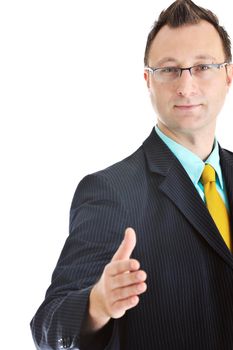 happy young businessman in business suit  portrait isolated on white background