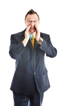 happy young businessman in business suit  portrait isolated on white background