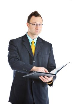 happy young businessman in business suit  portrait isolated on white background