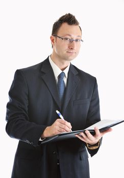 happy young businessman in business suit  portrait isolated on white background