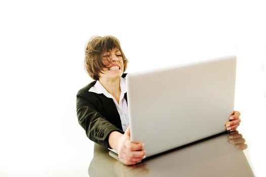 one young business woman isolated on white working on laptop computer