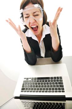 one young business woman isolated on white working on laptop computer