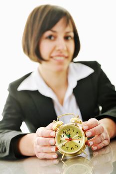 time maagement concept with young business woman isolated on white