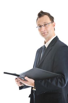 happy young businessman in business suit  portrait isolated on white background