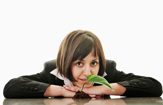 young business woman isolated on white holding green plant with small leaf and waiting to grow