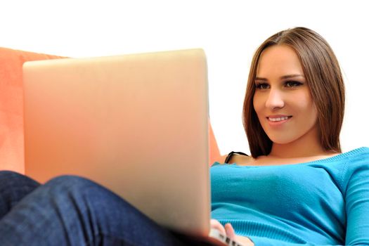 adult, beautiful, beauty, brunette, casual, caucasian, computer, couch, face, female, fun, girl, happy, home, house, indoor, indoors, interior, internet, keyboard, laptop, leisure, life, lifestyle, living, living room, modern, notebook, one, online, people, person, portrait, pretty, relax, room, smile, smiling, sofa, student, technology, typing, using, web, white, window, wireless, woman, work, young