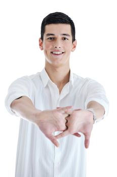 happy young businessman in business suit  portrait isolated on white background