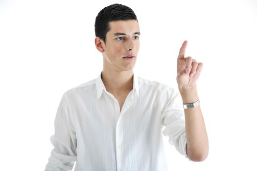 illustration of young business man planing and solving problems with illustrated graph disply screen for database and statistycs