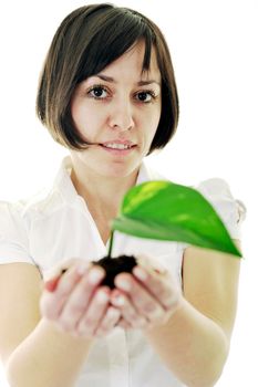 young business woman isolated on white holding green plant with small leaf and waiting to grow