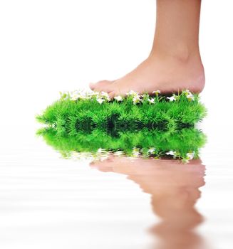 woman legs walking on small peace of green grass isolated on white representing last oasis concept