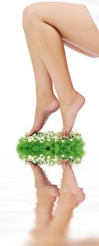 woman legs walking on small peace of green grass isolated on white representing last oasis concept