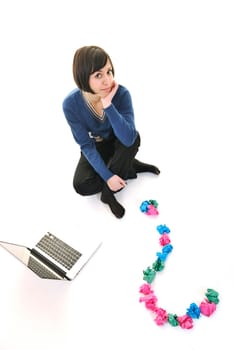 young beautiful brunette student woman working on laptop computer and finding solutions