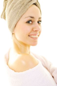 beautiful young woman portrait with towel on head isolated on white