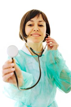 young happy doctor nurse woman with stethoscope isolated on white