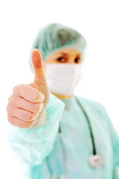 young happy doctor nurse woman with stethoscope isolated on white