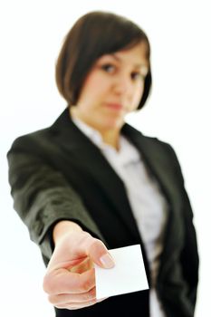 young business woman isolated on white showing and displaying empty business card ready for text