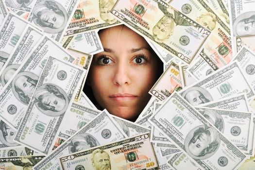 happy young business woman isolated on white playing with dollars money and representing success in finance