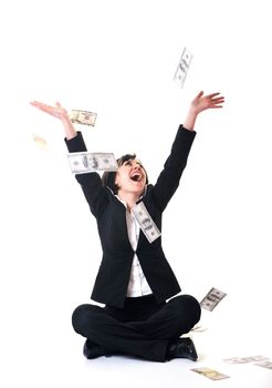 happy young business woman isolated on white playing with dollars money and representing success in finance