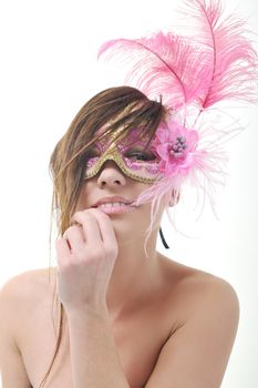 young brunete woman with italian traditional mask isolated on white