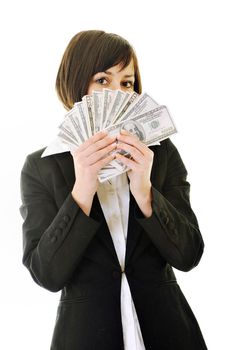 happy young business woman isolated on white playing with dollars money and representing success in finance