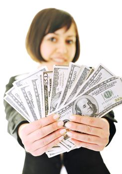 happy young business woman isolated on white playing with dollars money and representing success in finance