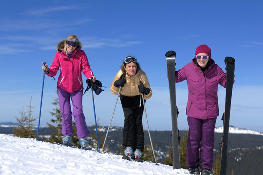 happy friends group of woman girls have fun at winter season at beautiful sunny  snow day with blue sky in background