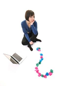 young beautiful brunette student woman working on laptop computer and finding solutions