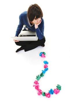 young beautiful brunette student woman working on laptop computer and finding solutions