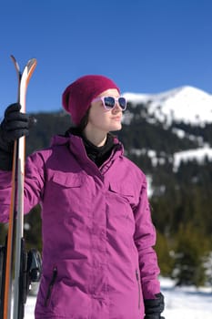 winter woman ski sport fun travel snow