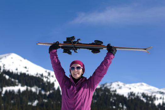 winter woman ski sport fun travel snow