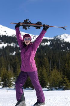 winter woman ski sport fun travel snow