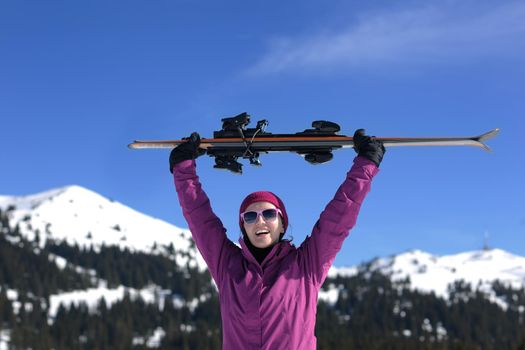 winter woman ski sport fun travel snow