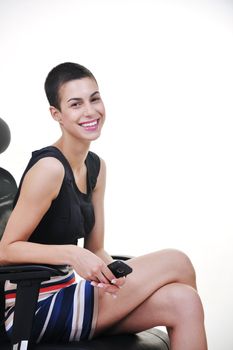 beautiful hapy young female woman brunette model posing on ergonomic business chair