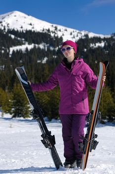 winter woman ski sport fun travel snow