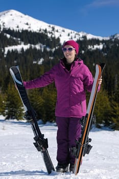 winter woman ski sport fun travel snow