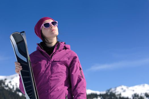 winter woman ski sport fun travel snow