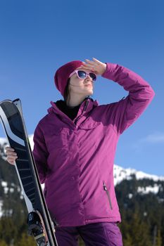 winter woman ski sport fun travel snow