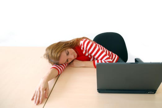 woman in red working on laptop at bright  office