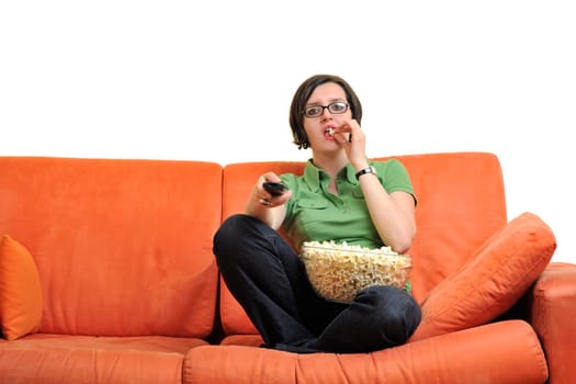 young woman eat popcorn, watching movies and eat popcorn at modern home living room  isolated on white background