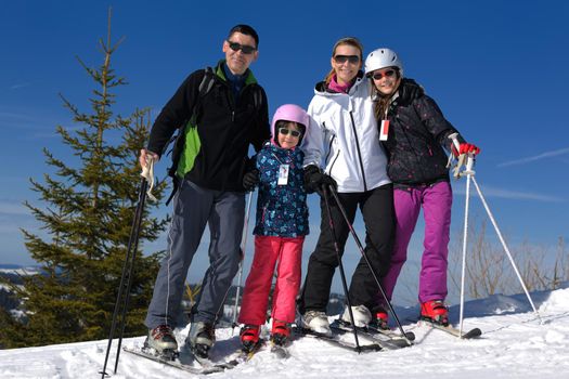 portrait of happy young family at beautiful winter sunny day with blue sky and snow in background