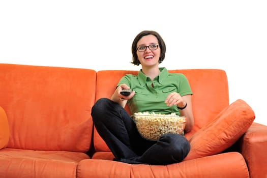 young woman eat popcorn, watching movies and eat popcorn at modern home living room  isolated on white background