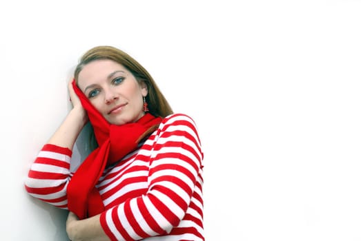 woman in red at bright  office
