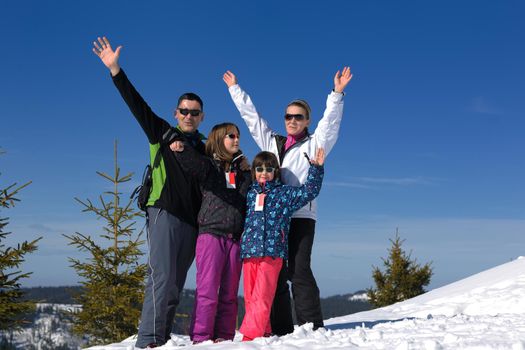 portrait of happy young family at beautiful winter sunny day with blue sky and snow in background