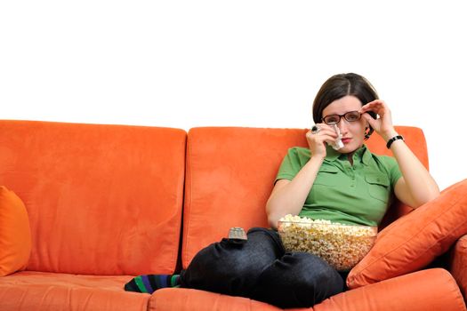 young woman eat popcorn, watching movies and eat popcorn at modern home living room  isolated on white background