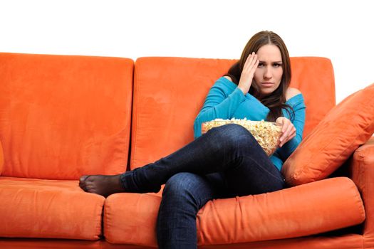 young woman eat popcorn, watching movies and eat popcorn at modern home living room  isolated on white background