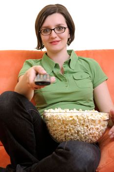 young woman eat popcorn, watching movies and eat popcorn at modern home living room  isolated on white background