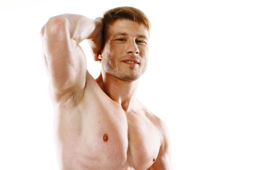 man with a pumped up body muscle closeup workout bodybuilders. High quality photo