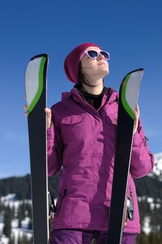 winter woman ski sport fun travel snow